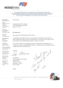 Patriot Paws 2015 Thank You Letter